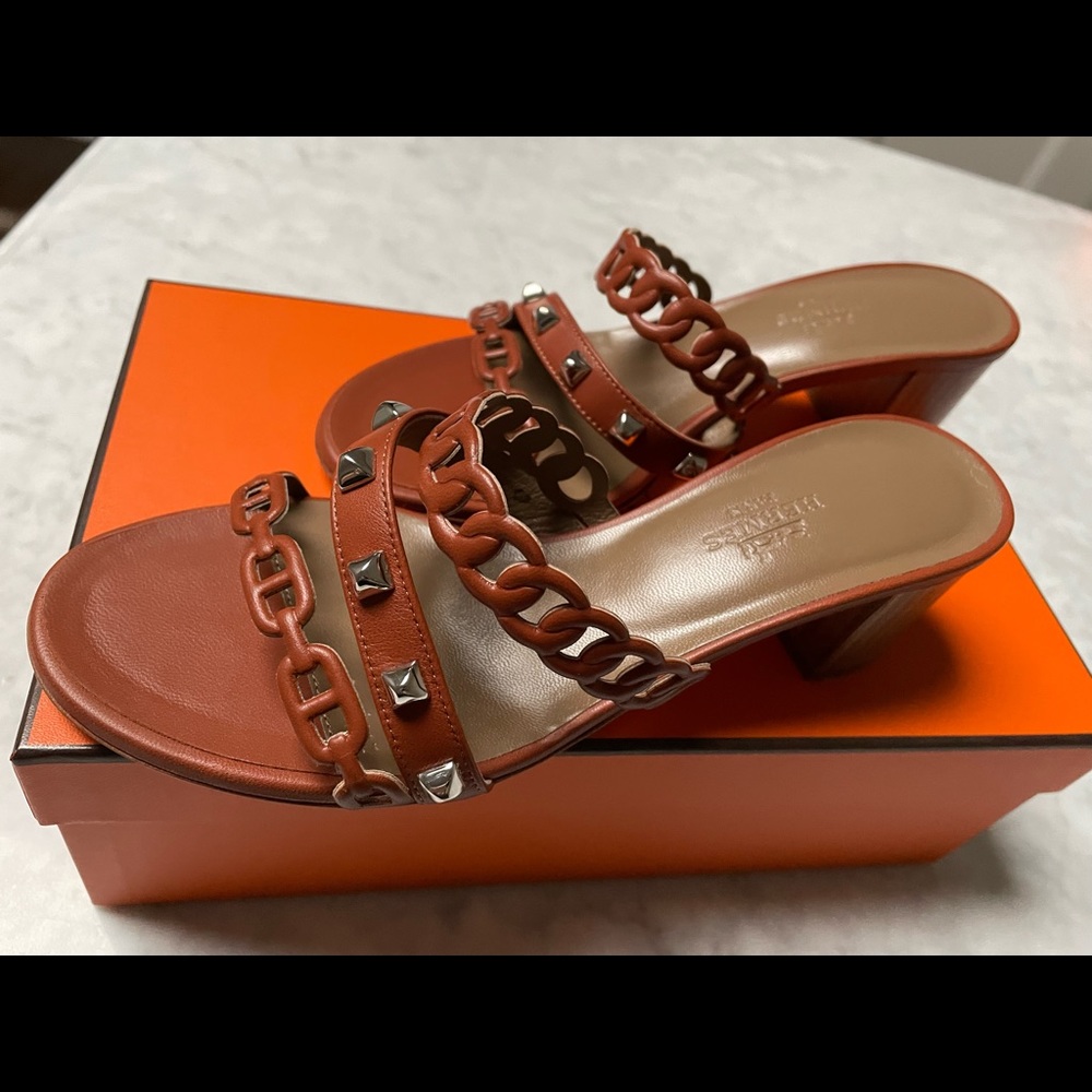 Cognac Hermes Ajaccio Studded Nappa sandals